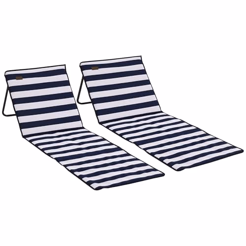 Outsunny Lot de 2 Tapis de Plage rembourré - Matelas de Plage - Dossier inclinable Multi-Positions - Sangle de Transport Inclus - métal Polyester Blanc et Bleu