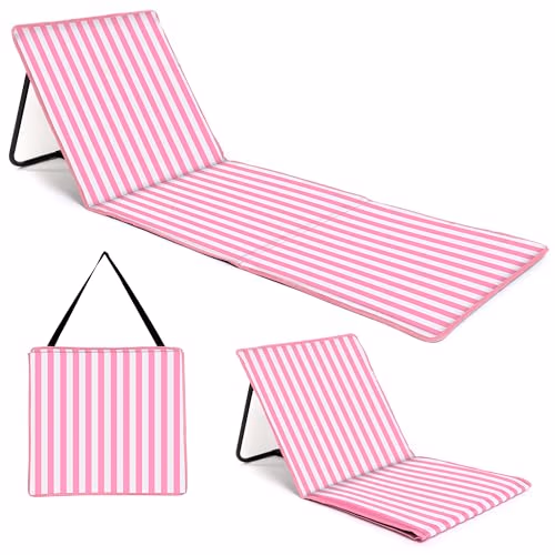 just be... Tapis de Plage Pliable avec Dossier Réglable - Transat Léger et Portable avec Poche Zippée & Bretelle, Idéal Plage, Jardin, Camping et Festivals | Multicolores, Rayures Roses
